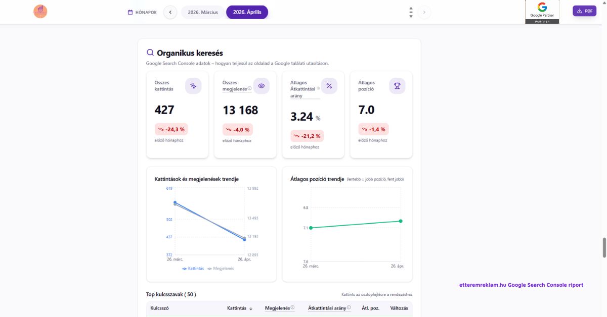 Google Search Console riport screenshot